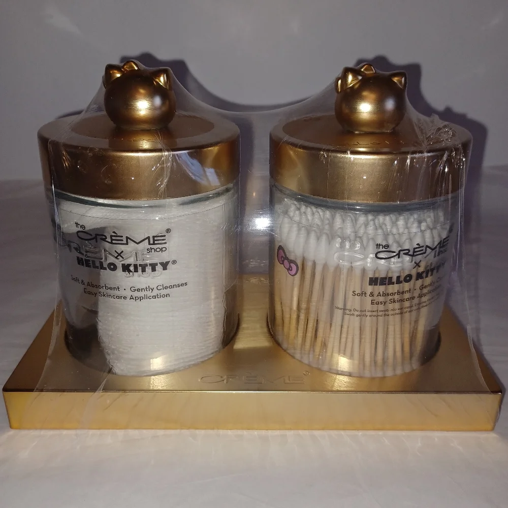 Last Set! Hello Kitty Glass Jar Vanity Set w/Cotton Swabs & Pads, Gold - Picture 3 of 6